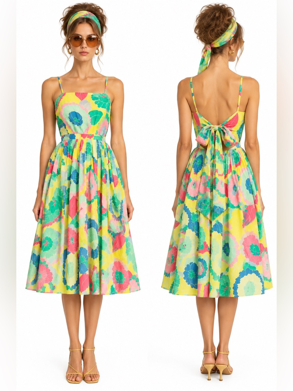 Vintage Albert Nipon 1970s Floral Sundress Open Back Tie Bow Fit Flare Size 4